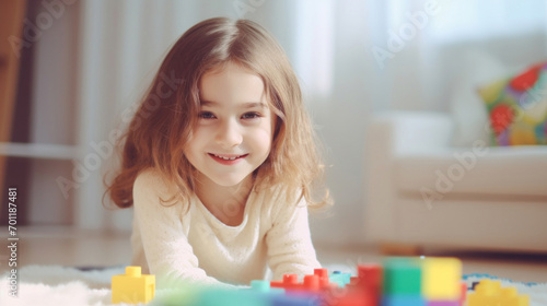 A young girl with a beaming smile playing with colorful building blocks on a soft carpet, depicting childhood joy.
