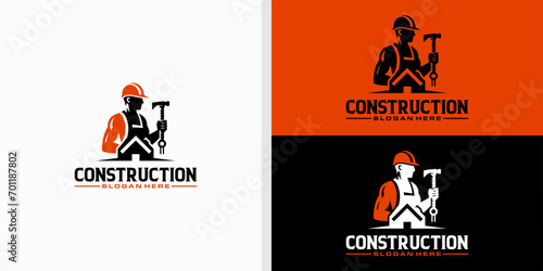 construction logo design with construction workers with tools used vector template
