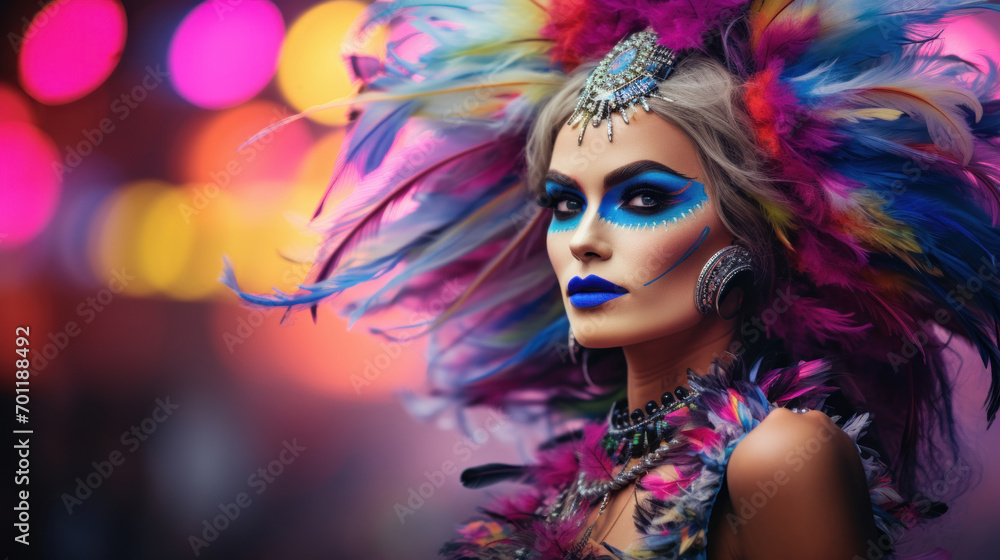 A model showcases vibrant carnival makeup with a dazzling array of colorful feathers, embodying the spirit of a festive celebration.