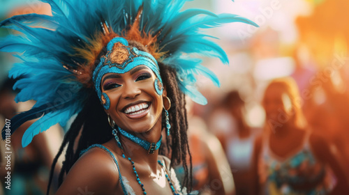 A smiling woman dressed in a vibrant carnival costume with a feather headdress  embodying the spirit of festive celebrations.