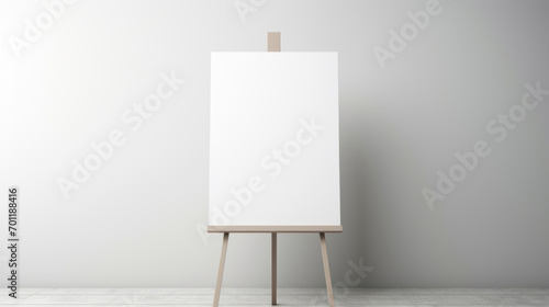 A blank white canvas on a wooden easel stands ready for an artist's touch against a simple white wall, symbolizing potential and creativity.