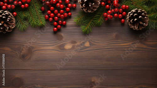 Festive Christmas decor featuring pine cones and bright red berries on a rustic wooden background, perfect for the holiday season.