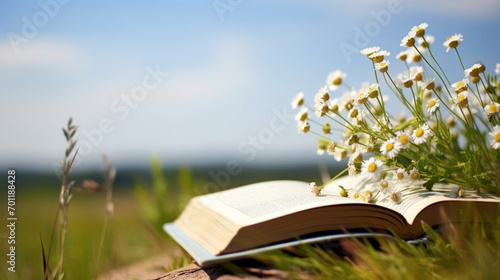 An open book nestled among wild chamomile flowers, with a scenic field as the backdrop, conveying a serene literary retreat.