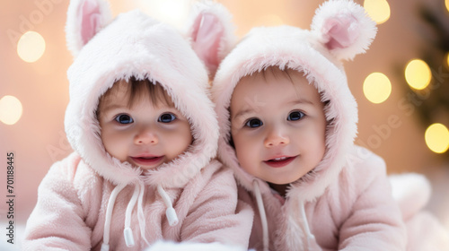 Twin babies dressed in soft pink bunny outfits smile sweetly against a backdrop of warm festive lights, exuding charm and warmth.