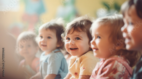 A group of adorable babies express excitement and curiosity in a colorful classroom setting, with bright decorations enhancing the joy.