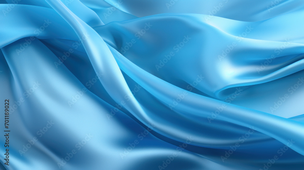Elegant blue satin cloth with fluid folds, displaying a soft, flowing texture ideal for luxury textile backgrounds.