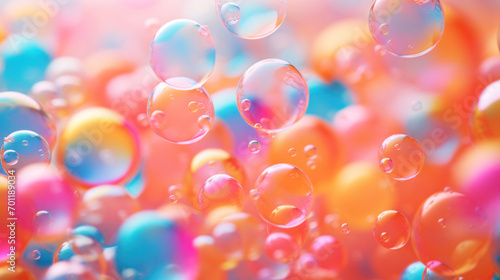 An array of colorful soap bubbles floats effortlessly against a bright, bokeh-lit background.