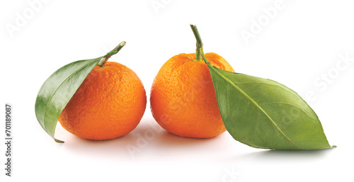 Two tangerines isolated on a white background. Organic tangerine with green leaf. Mandarin.