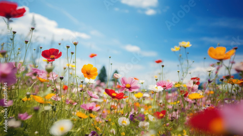 Vibrant wildflowers of various colors bloom in a sunlit meadow under a clear blue sky. © tashechka