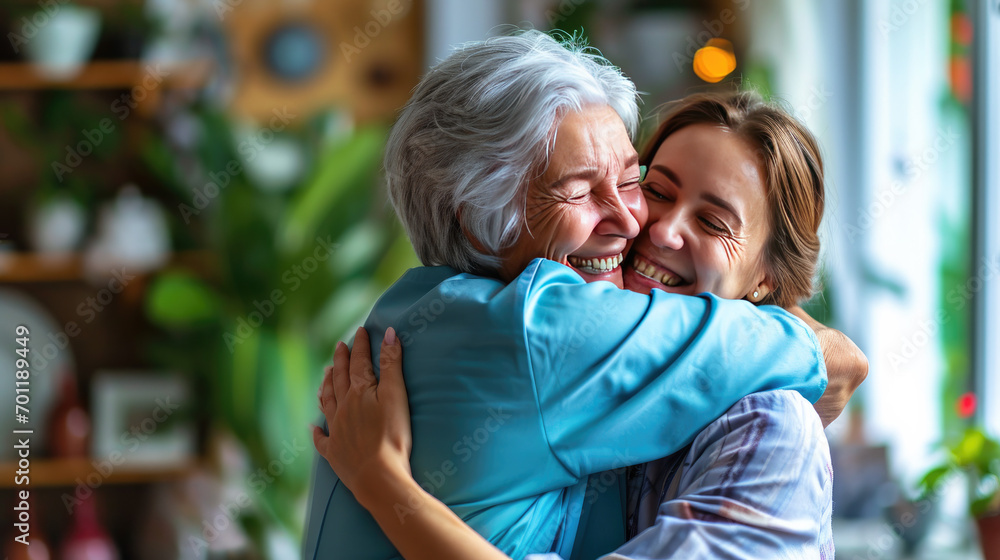Happy woman and hug senior patient in elderly care Happy woman and hug senior patient in elderly care