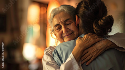 Happy woman and hug senior patient in elderly care