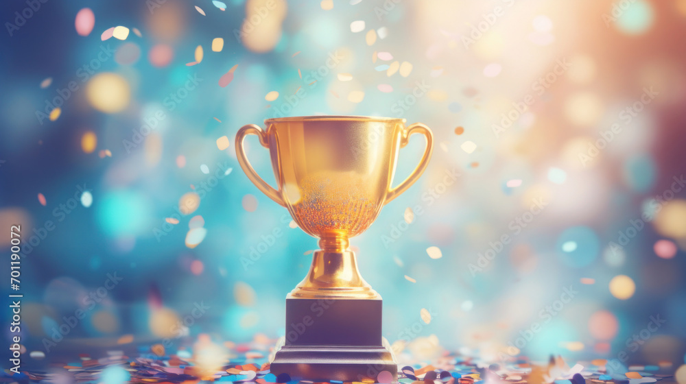 A shimmering golden trophy illuminated with a backdrop of sparkling blue confetti, symbolizing grand achievement. A shimmering golden trophy illuminated with a backdrop of sparkling blue confetti, symbolizing grand achievement.