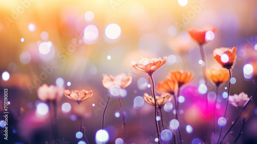 Translucent raindrops on delicate flowers set against a magical background of vibrant bokeh circles in a dreamy garden.