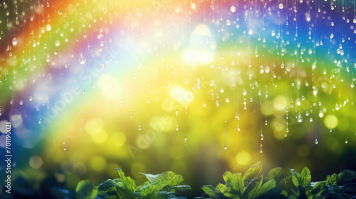Raindrops on a window create a natural filter through which a rainbow color spectrum is visible, evoking a feeling of wonder.
