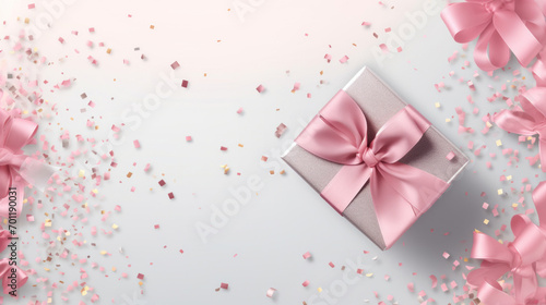 Festive celebration concept with a sparkling gift box adorned with a pink bow and surrounded by a shower of colorful confetti.