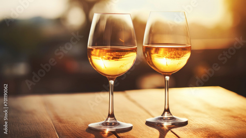 A romantic scene with two glasses of rosé wine bathed in the warm, golden light of a setting sun.