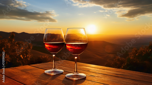 Two glasses of red wine set against a breathtaking mountain sunset, perfect for a romantic evening toast.