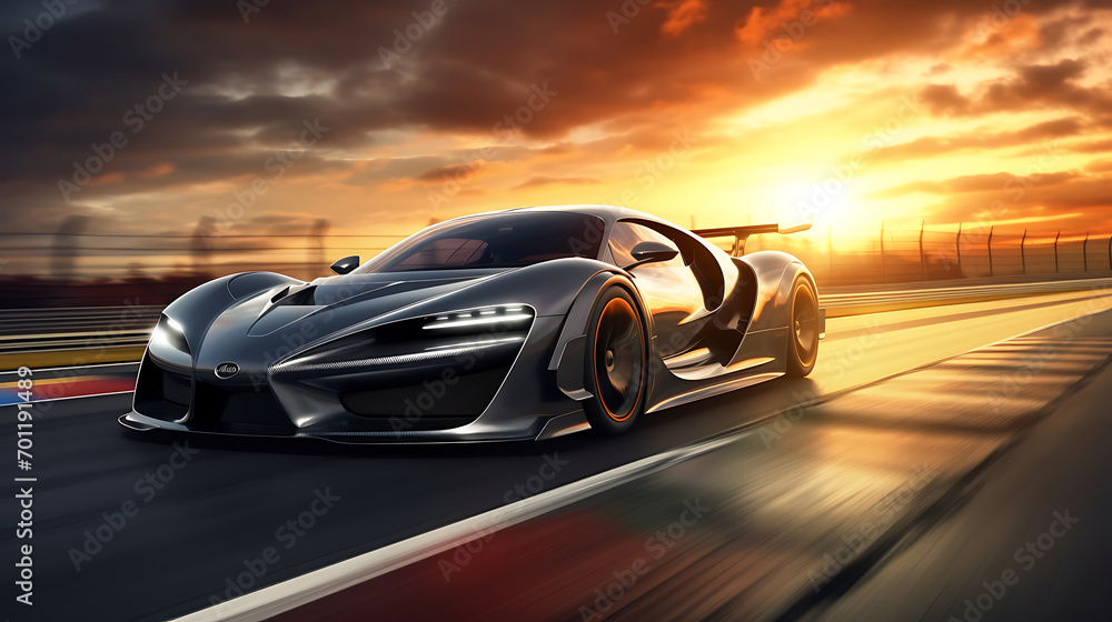  unbranded gray sports car with light effect. race track and sunset background - obrazy, fototapety, plakaty 