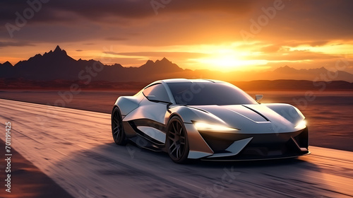  unbranded gray sports car with light effect. race track and sunset background