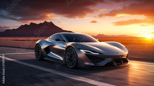  unbranded gray sports car with light effect. race track and sunset background © growth.ai