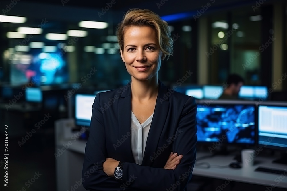 Portrait of a young businesswoman standing in front of her computer monitor Portrait of a young businesswoman standing in front of her computer monitor
