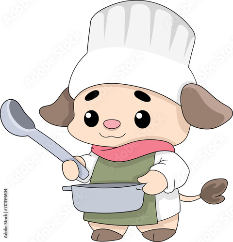 The cow chef is carrying a pot of dishes he has cooked