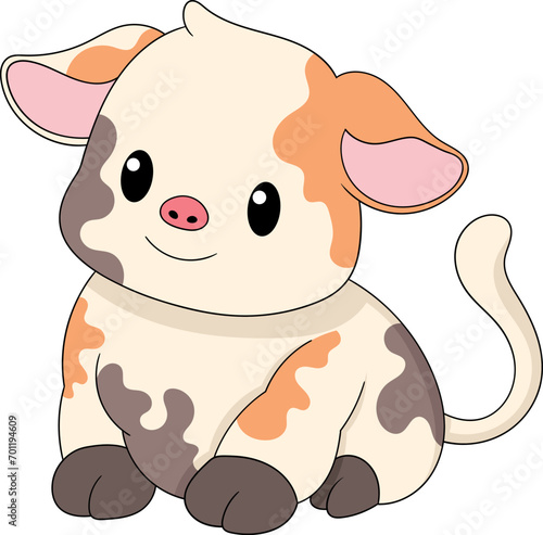 The fat calf is sitting waiting for the food to come