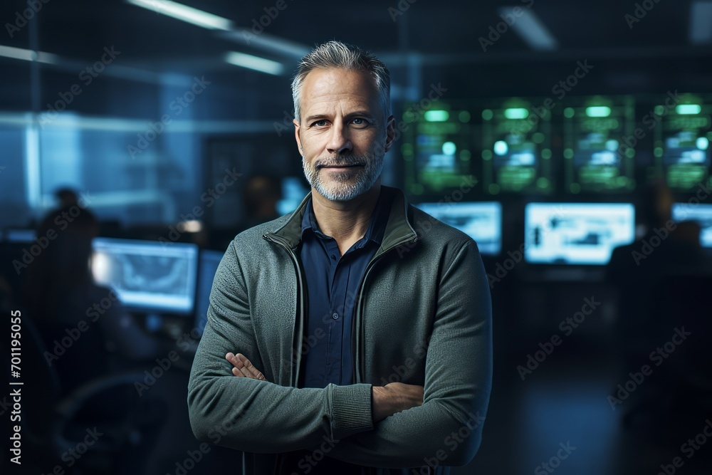 Portrait of confident mature businessman with arms crossed standing in office.