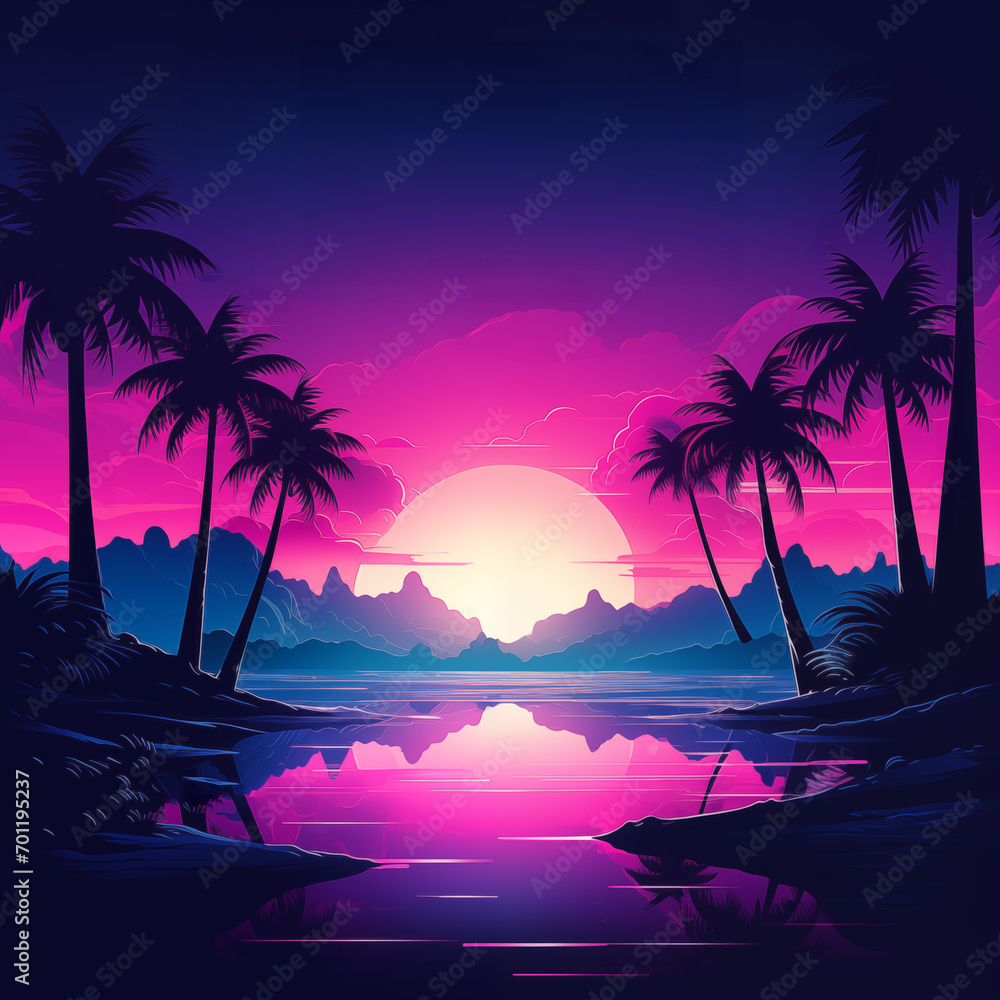 Vibrant Neon Sunset with Palm Trees and Reflection Over Water