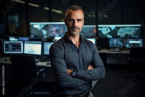 Portrait of mature businessman standing with arms crossed in modern office.