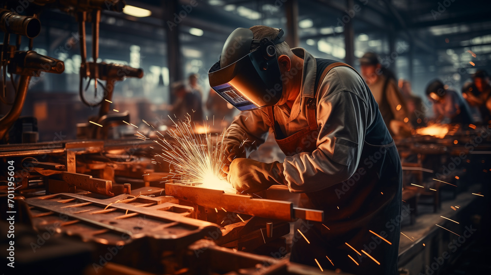 Workers wearing industrial uniforms and welded iron mask at steel welding plants, firework, industry 4.0, Generative ai. Workers wearing industrial uniforms and welded iron mask at steel welding plants, firework, industry 4.0, Generative ai.