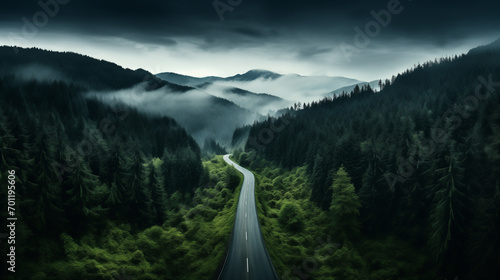 Aerial view of mountain road in green forest, Top view from drone of road in woods, Beautiful landscape with roadway in hills, pine trees, generative ai. photo