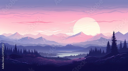 flat illustration of pine forests and mountains with dawn nuances photo