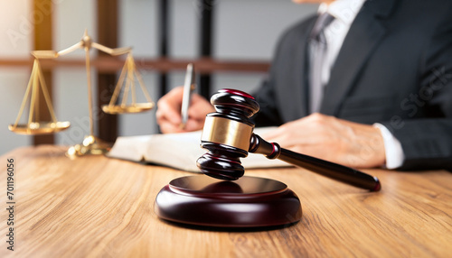 Close-up Of Gavel In Front Of Justice Scale On Wooden Desk