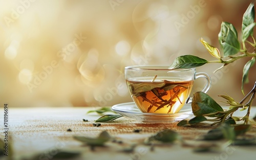 Tea cup with green tea and bokeh background. Side view and copy space. Relaxing concept 