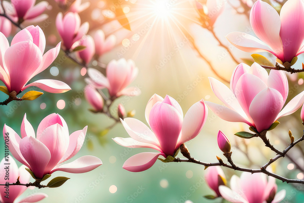 Closeup of blooming magnolia tree in the spring sun rays in spring.