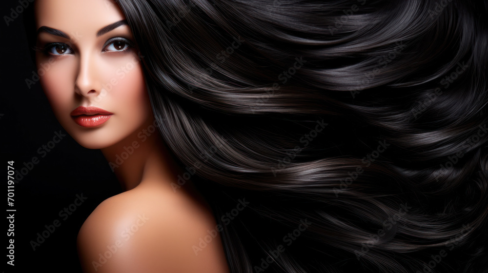 Beautiful brunette woman with long wavy coloring hair. Flat gray background. Beautiful brunette woman with long wavy coloring hair. Flat gray background.