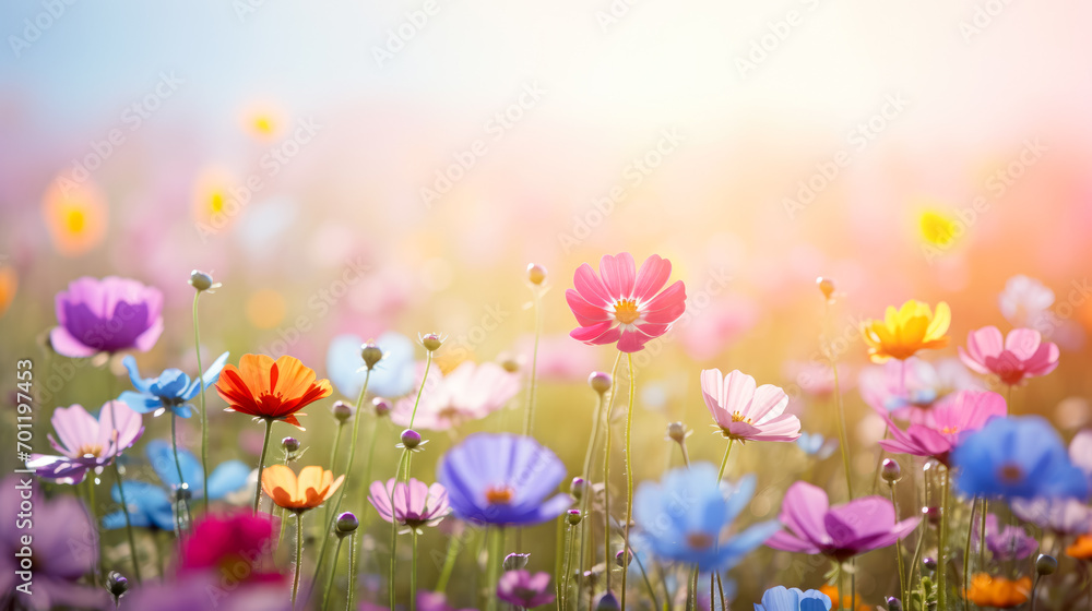 beautiful background of wildflowers in the soft rays of the sun