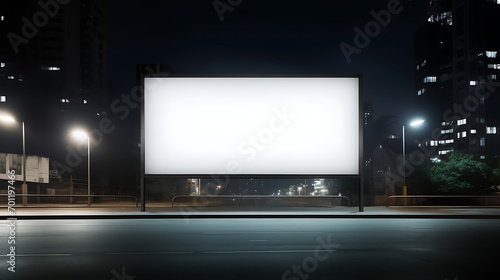 A blank displaying billboard at night on the street with lights shining on the billboard