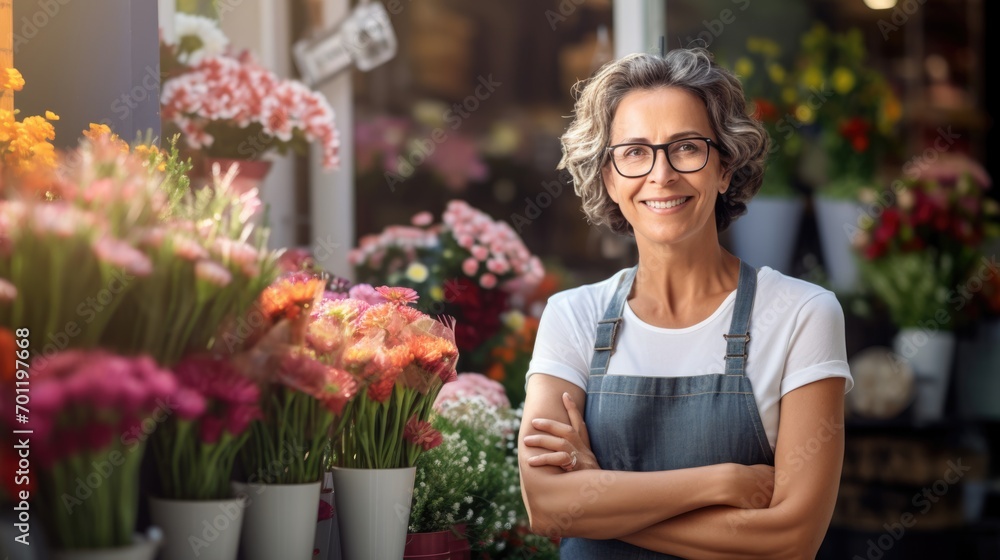 Happy senior elderly female worker selling flowers in florist shop, flora small business owner arm crossed standing looking camera wearing apron, pensioner ability working after retirement at hometown