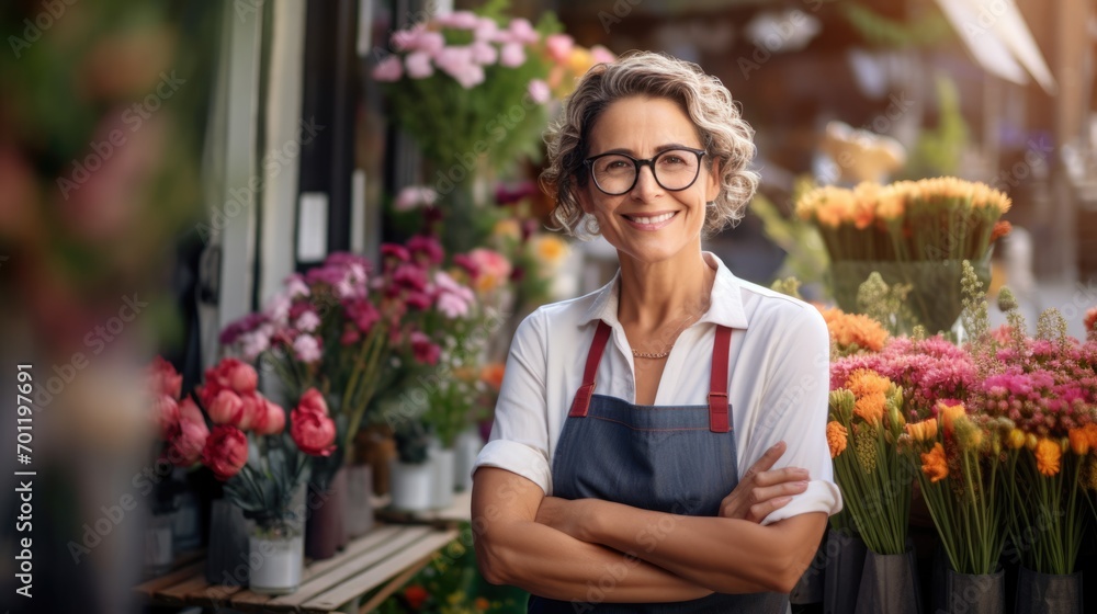 Senior elderly female open florist shop in hometown after retirement, healthy pensioner woman wearing apron standing in front of shop, ability senior worker entrepreneur working in small business shop