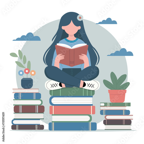 illustration of a girl reading book on stack of books