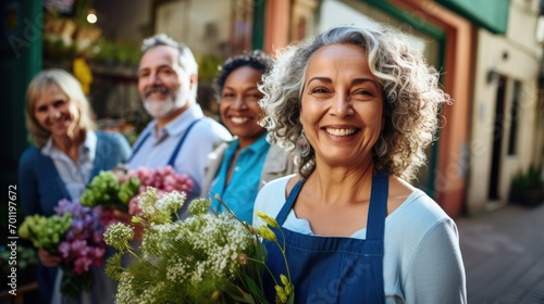 Senior elderly female open florist shop in hometown after retirement, healthy pensioner woman wearing apron standing in front of shop, ability senior worker entrepreneur working in small business shop