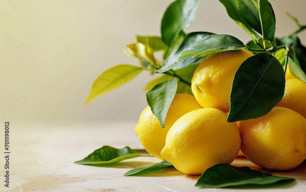 Fresh  yellow lemons. Lemons with leaves. Summer design. Side view. Copy space.