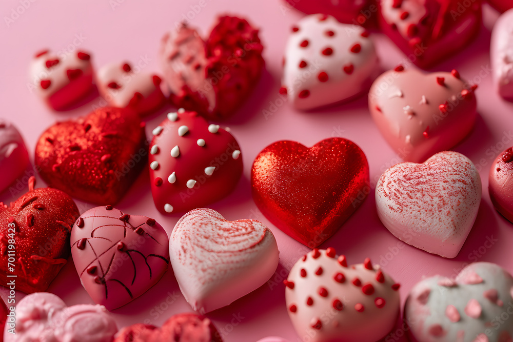 Red and pink hearts shaped chocolate as gifts on a pink background. Background for Valentine`s day.