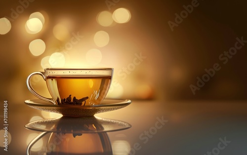 Sundrenched tea cup with green tea. Top view. Top view space for text. Healthy drinks concept 