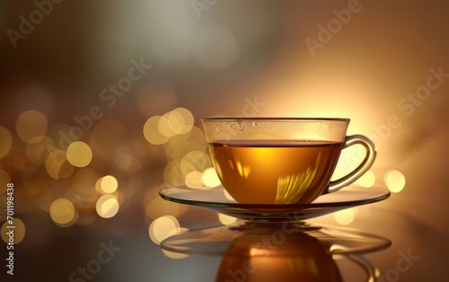 tea cup and boke background. Side view and space for text. Relaxing concept 