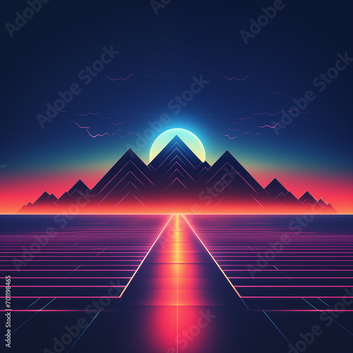 Vibrant Synthwave Style Mountain Landscape with Neon Road and Moonrise