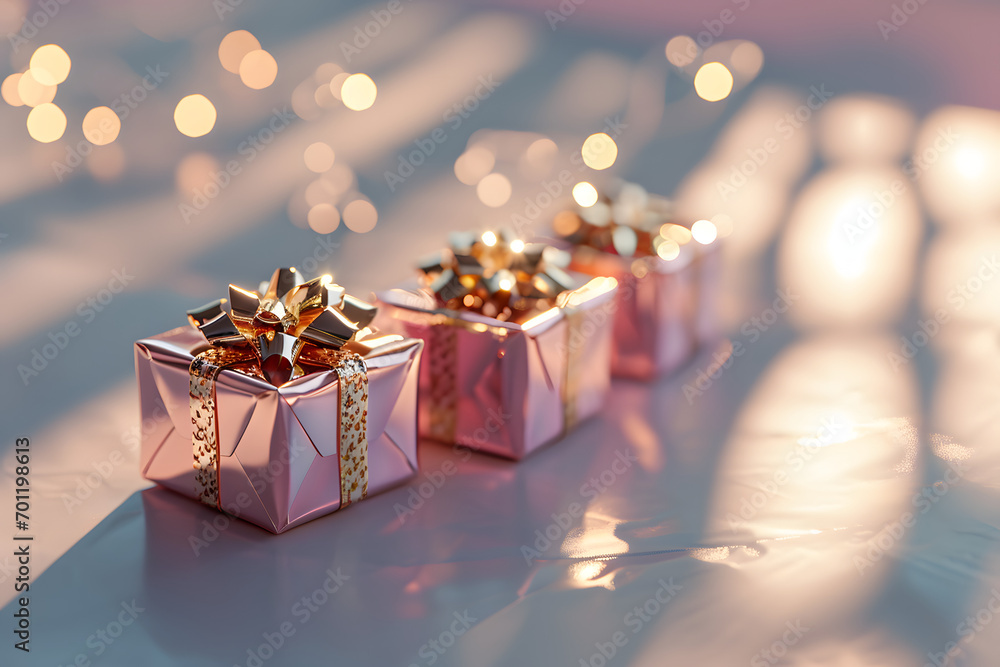 Background with wrapped gift boxes decorated with gold stars and ribbons and lights. Background with wrapped gift boxes decorated with gold stars and ribbons and lights.