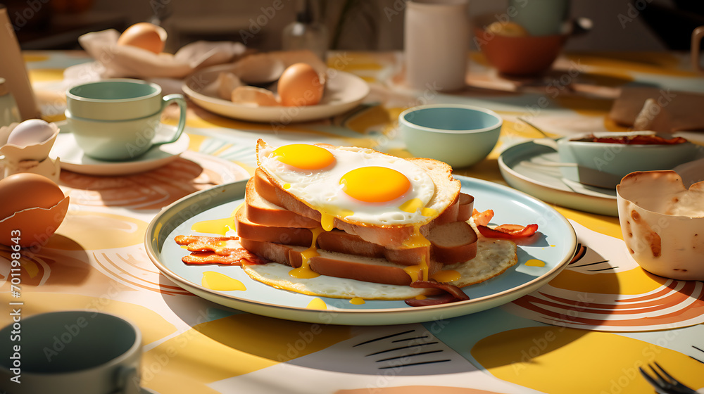 A Egg And Bacon grilled Sandwich, surrounded by 5 plates full of eggs, toast, pancakes in a modern wooden table